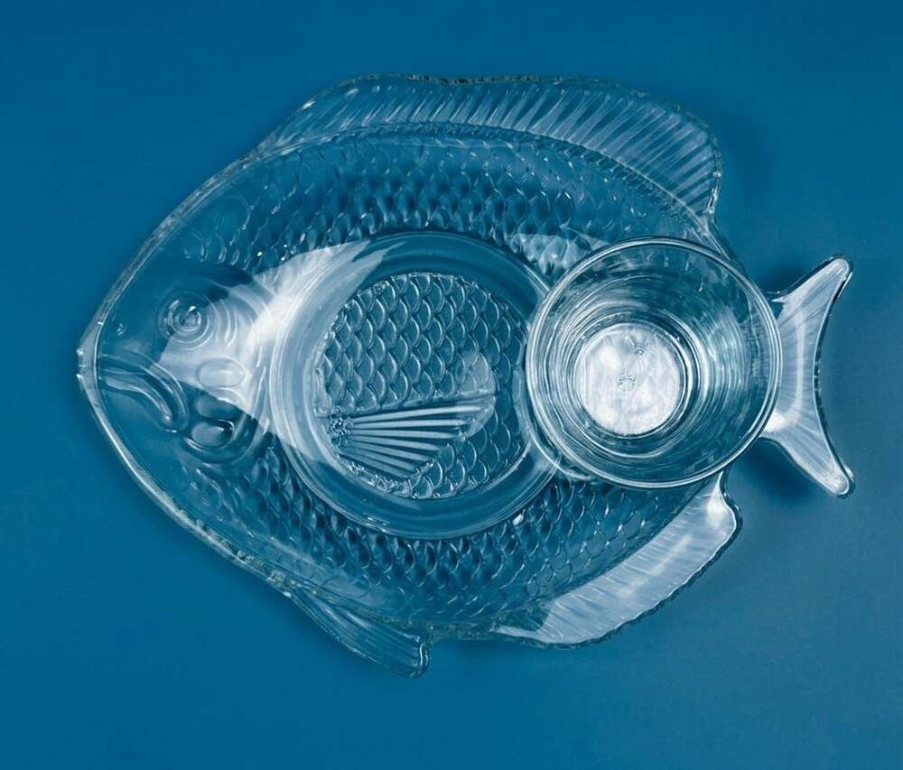 Vintage Clear Glass Fish Shaped Sushi Plates Sauce Cups Set of 3
